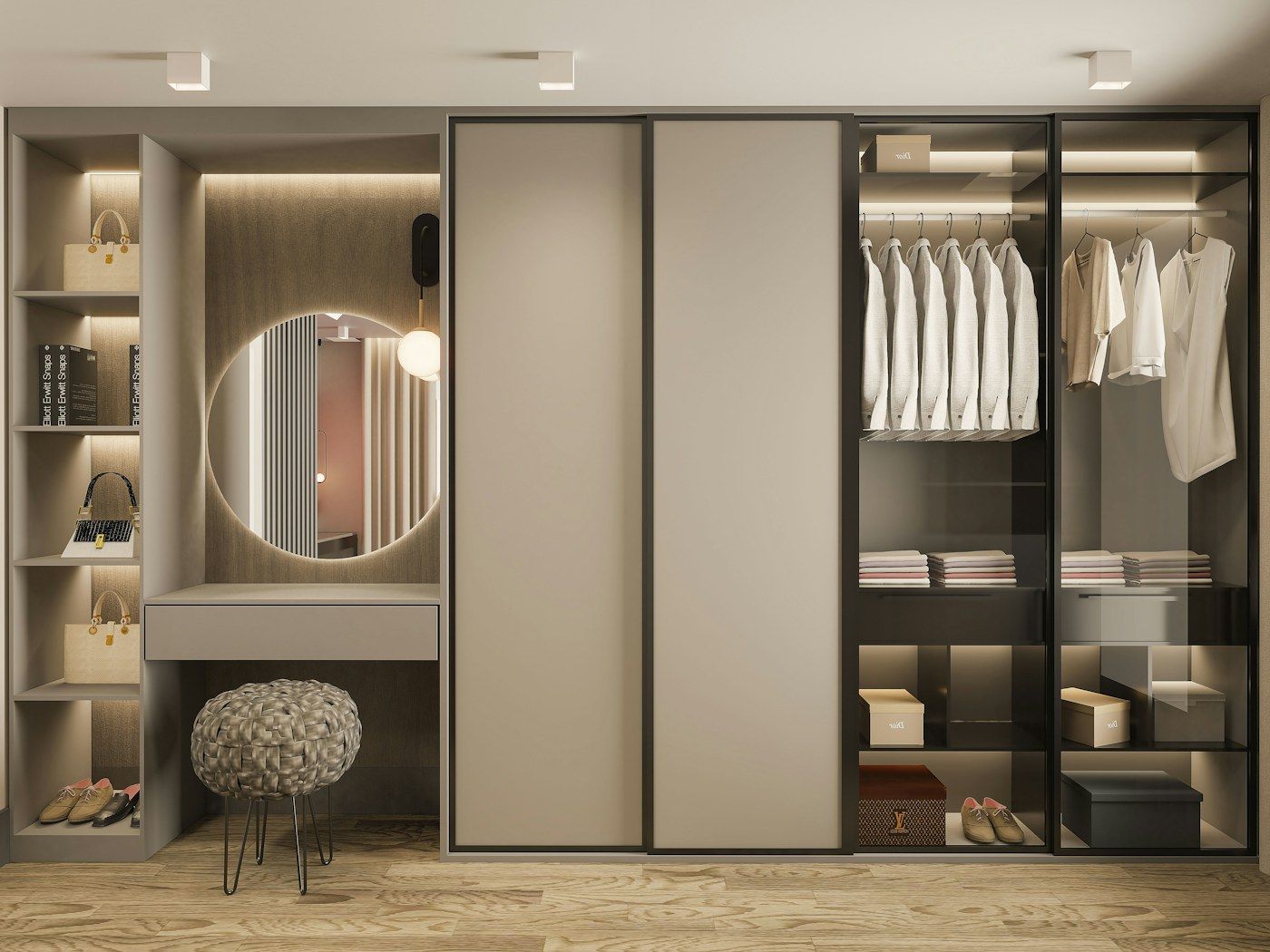 Dressing aux portes grège, penderie éclairée et coiffeuse